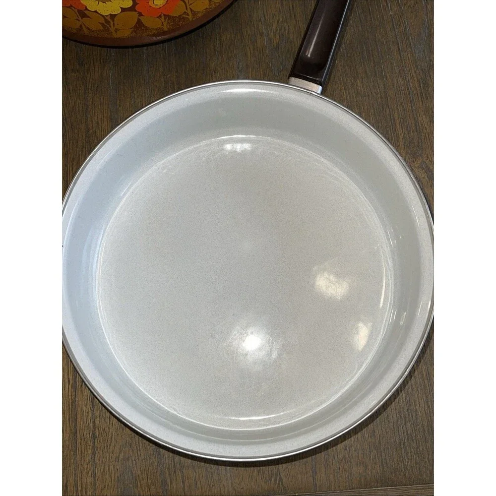 VGT Swan Brand Enamel Sauce Pot Pans Orange/Brown Flowers with Lids 70s  Lot 3